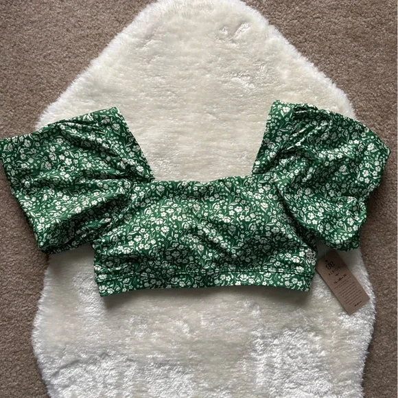 NWT Albion Fit Micro Green Floral Square Neck Puff Sleeve Bikini Top - Picture 2 of 4